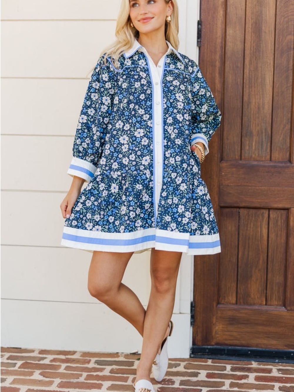 Entro Blue Floral Button-Front Shirt Dress